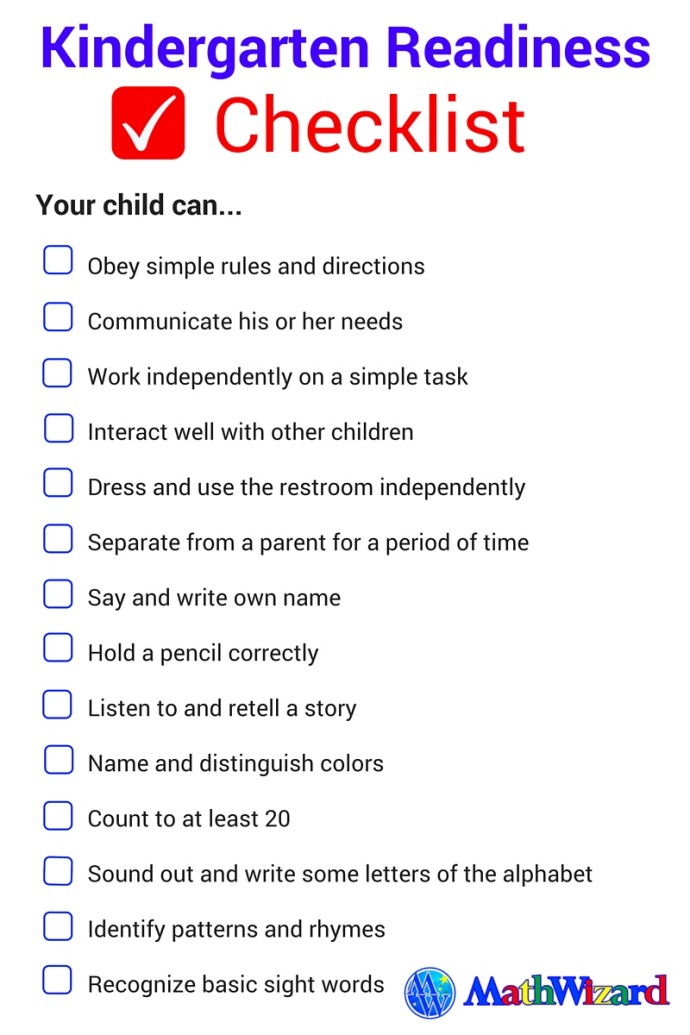 is my child ready for kindergarten checklist